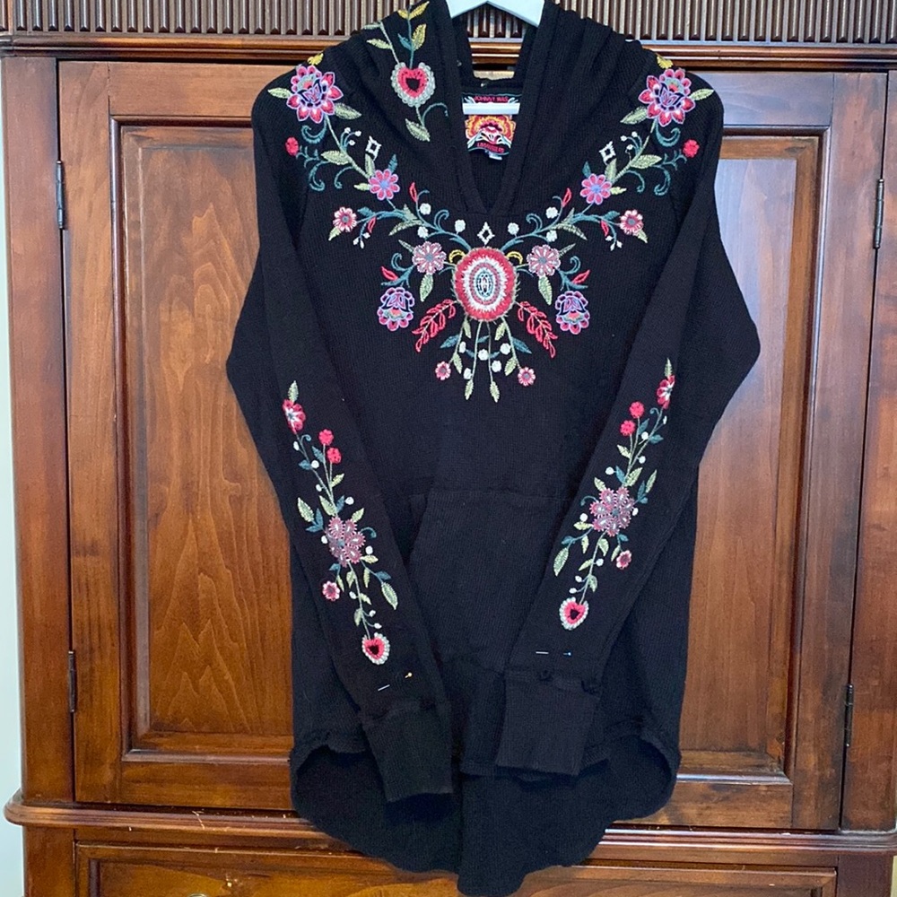 Johnny Was Isla Embroidered Waffle-Knit Hoodie in Black Bohemian Festival floral